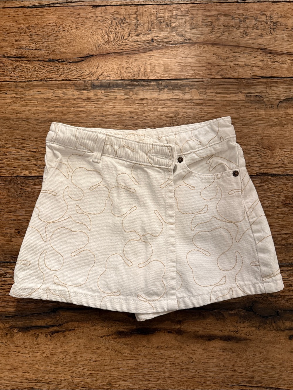 Zara White Denim Skort with Tan Embroidered Accents